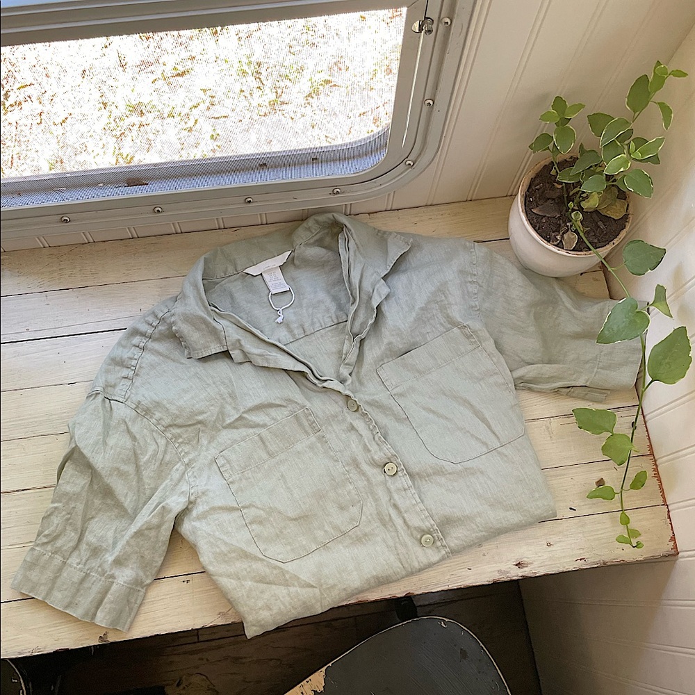 H&M Sage Green Linen Button-up Top